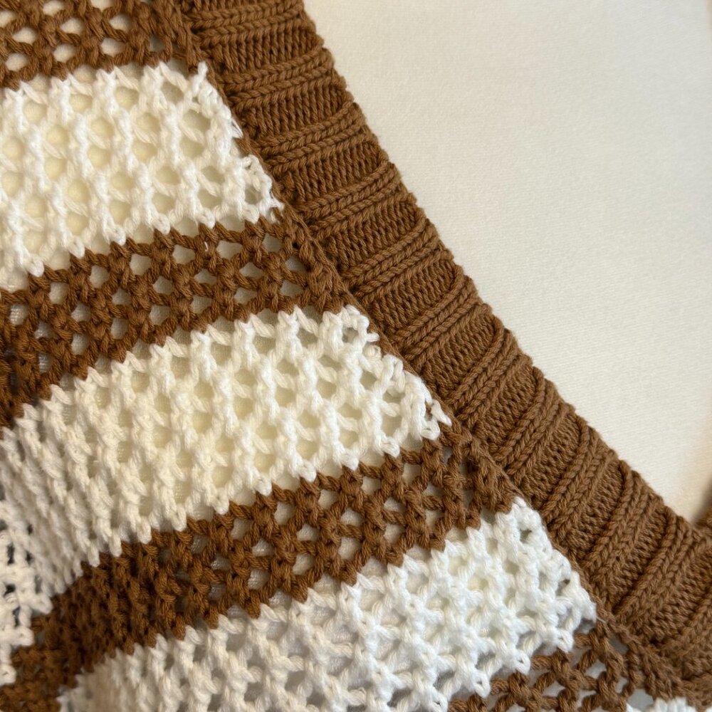 aerie offline | cream and camel stripe open knit sweater | size medium - Picture 2 of 5